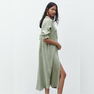 Zara 100% Linen Shirt Dress Long Sleeve Khaki Green Button Front